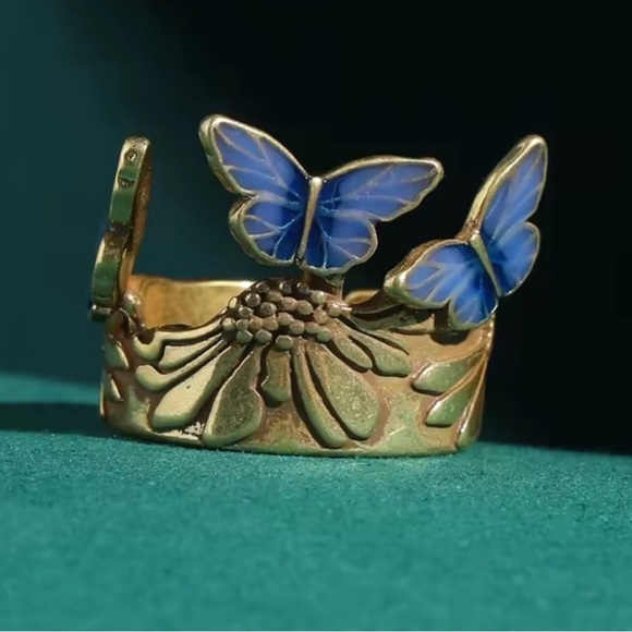 Celestial Antique Blue Butterfly Floral  Ring - Picture 5 of 8